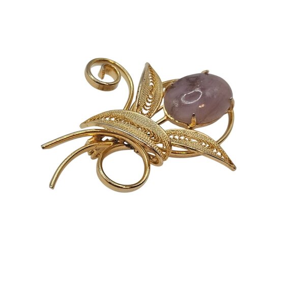 Gold Toned Filgree Flower Shaped Swirled Amethyst/Purple Quartz Fashion Brooch - Picture 7 of 12